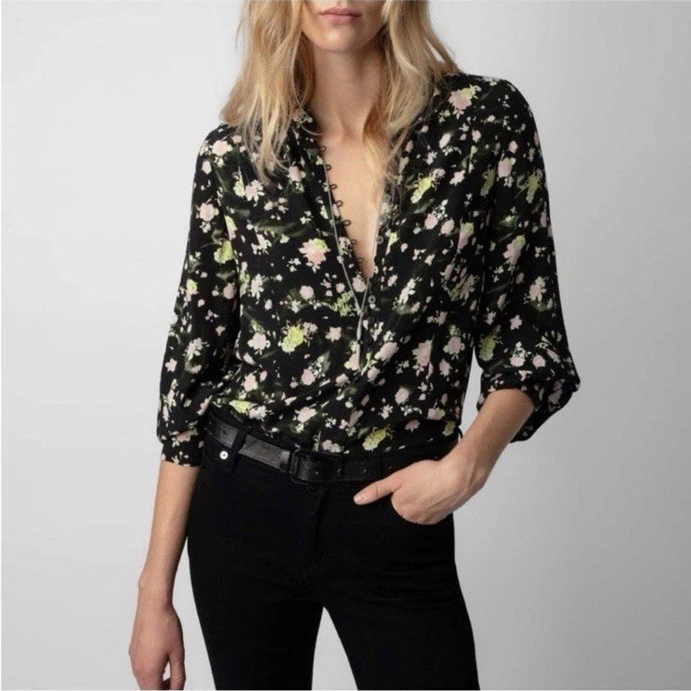 Zadig & Voltaire XS EUC Twina Soft Black Crinkle Crepe Roses Print Button Up L/S